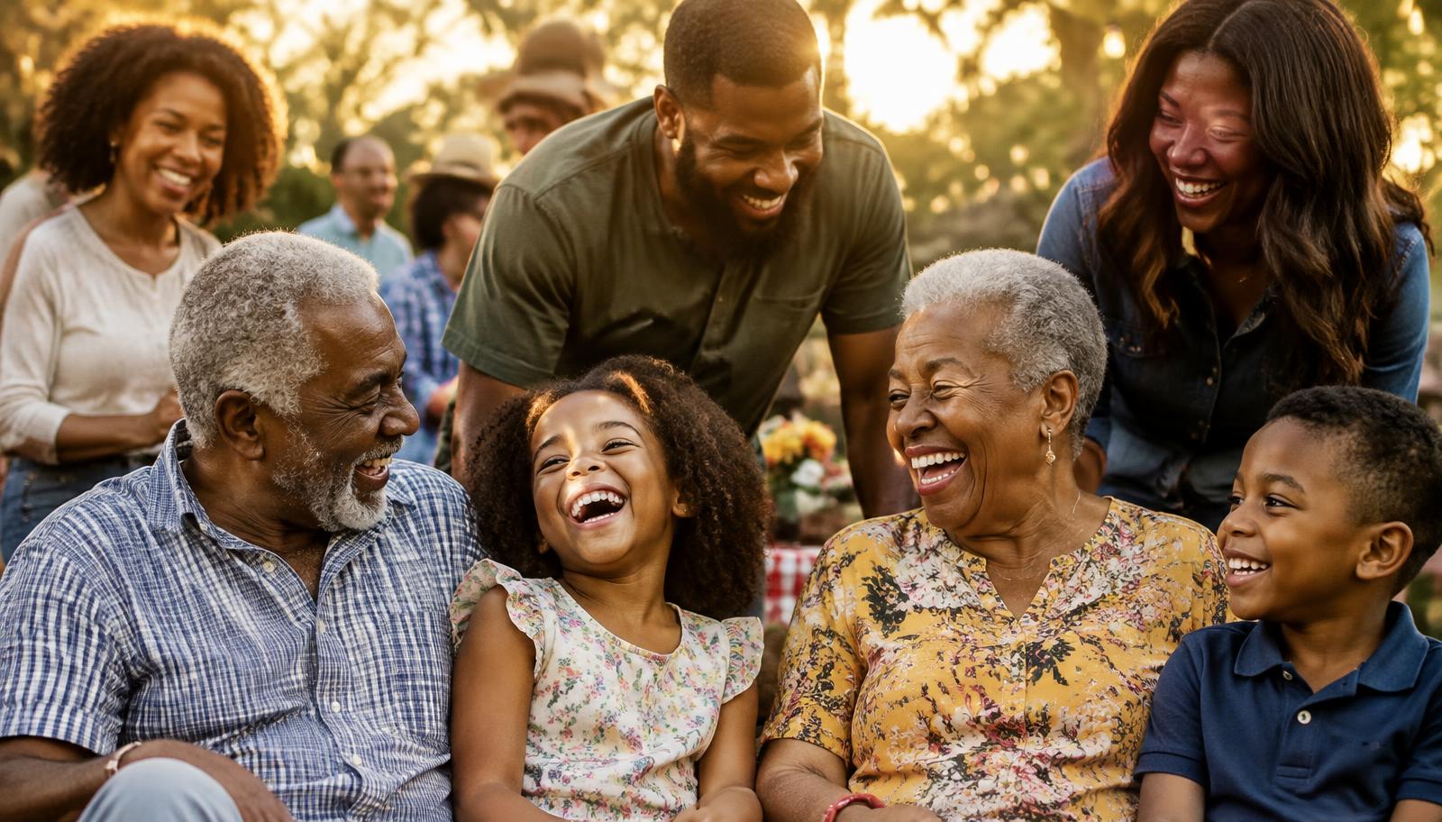 Family members of all ages laughing together outdoors